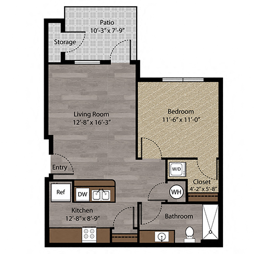 Floor plan for 1 bed, 1 bath, 603 sqft